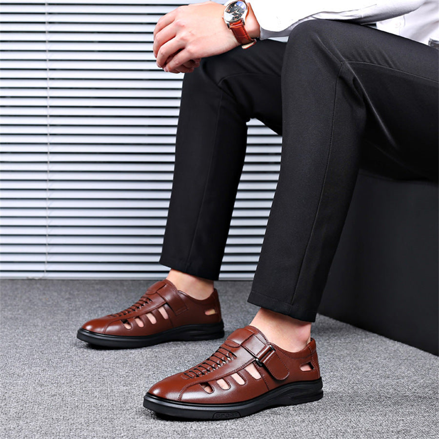 Men's Leather Sandals with Woven Detailing and Adjustable Buckle Strap