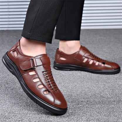 Men's Leather Sandals with Woven Detailing and Adjustable Buckle Strap