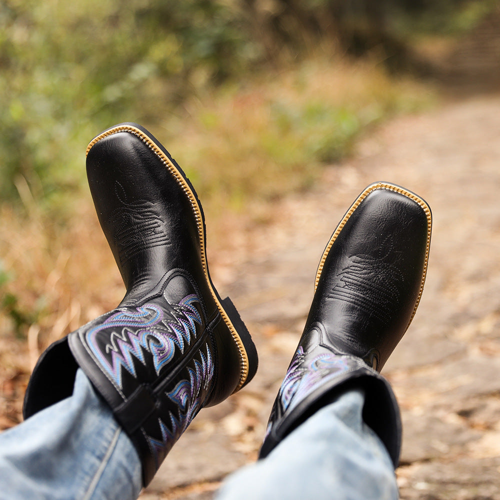 Embroidered Handmade Vintage Wide Toe Western Cowboy Boots