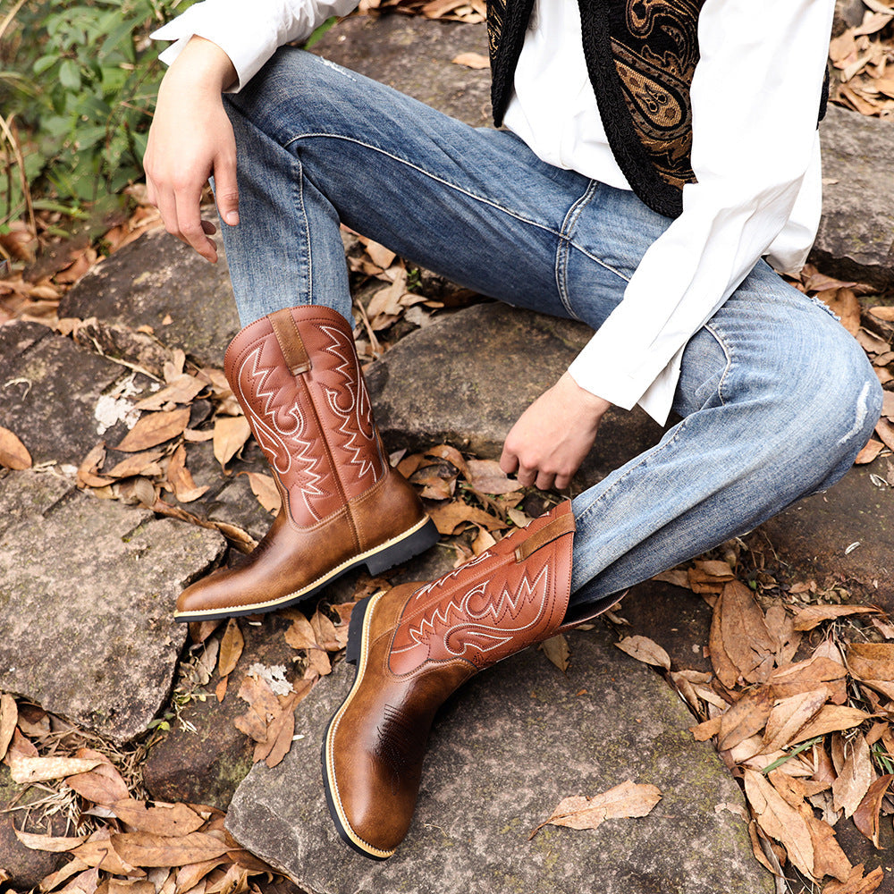 Embroidered Handmade Vintage Wide Toe Western Cowboy Boots