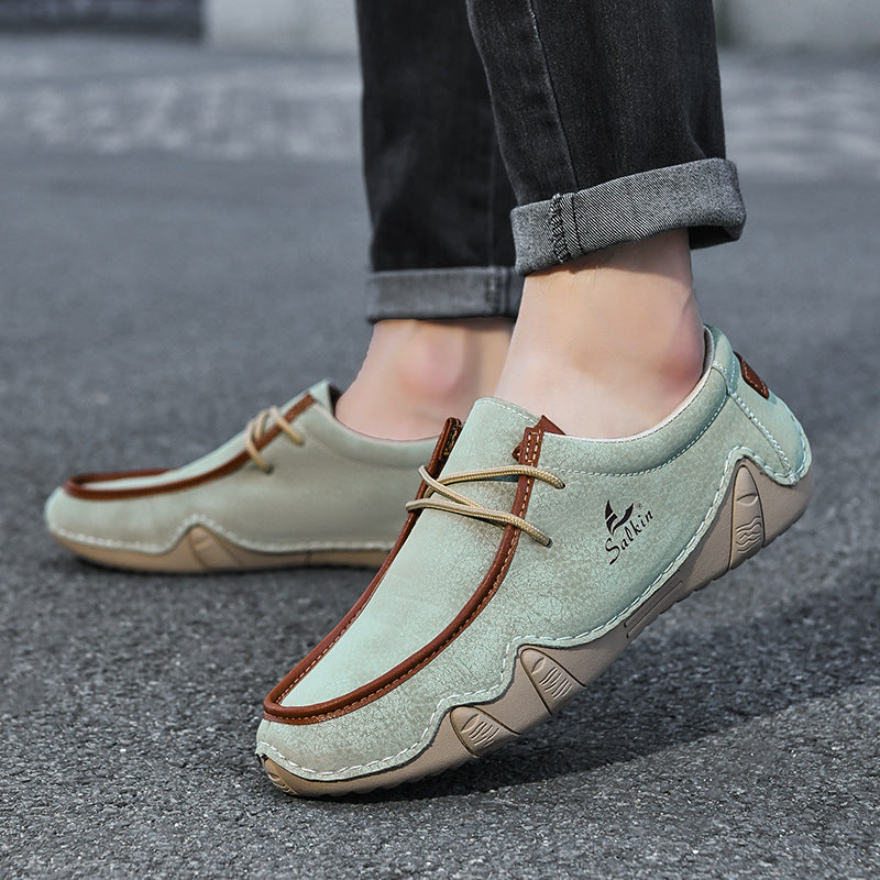 Men's Casual Suede Loafers with Contrast Stitching and Textured Sole