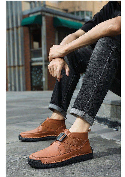 Men's leather high top slip-on shoes