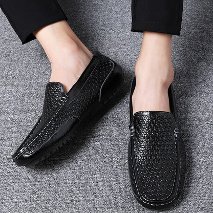 Hollow breathable slip-on driving leather shoes