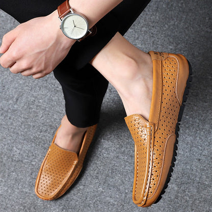 Hollow breathable slip-on driving leather shoes