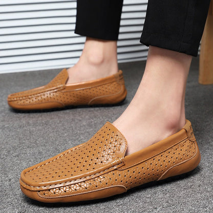 Hollow breathable slip-on driving leather shoes