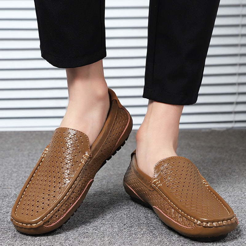 Hollow breathable slip-on driving leather shoes